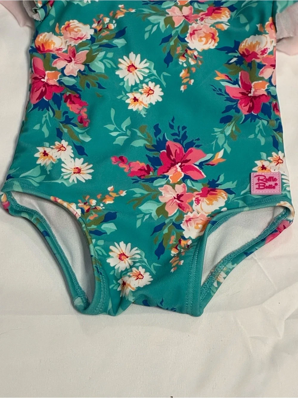 RuffleButts 3-6M Floral Ruffle One Piece Swimsuit Bow Teal Pink Baby Girl